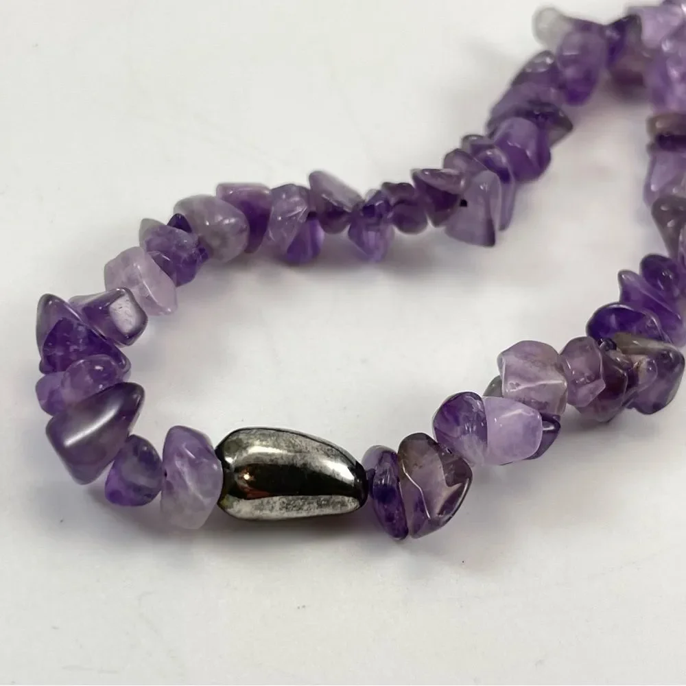925 Sterling Silver Unsigned Long Amethyst Hematite Single Strand Necklace